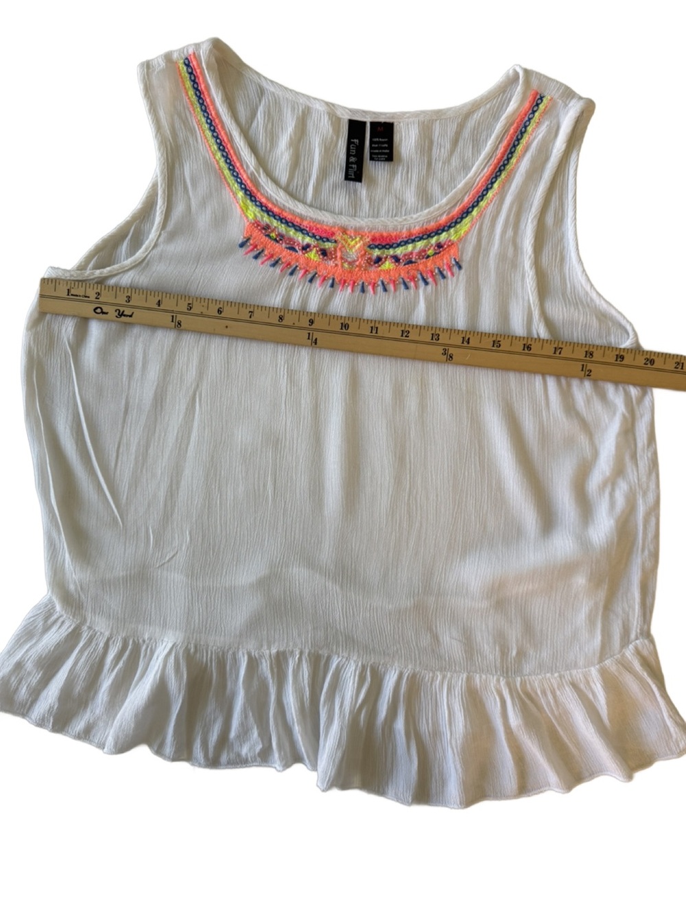 Fun & Flirt Embroidered Scoop Neck Rayon Tank Top - White with Neon Trim. Medium - Picture 4 of 7